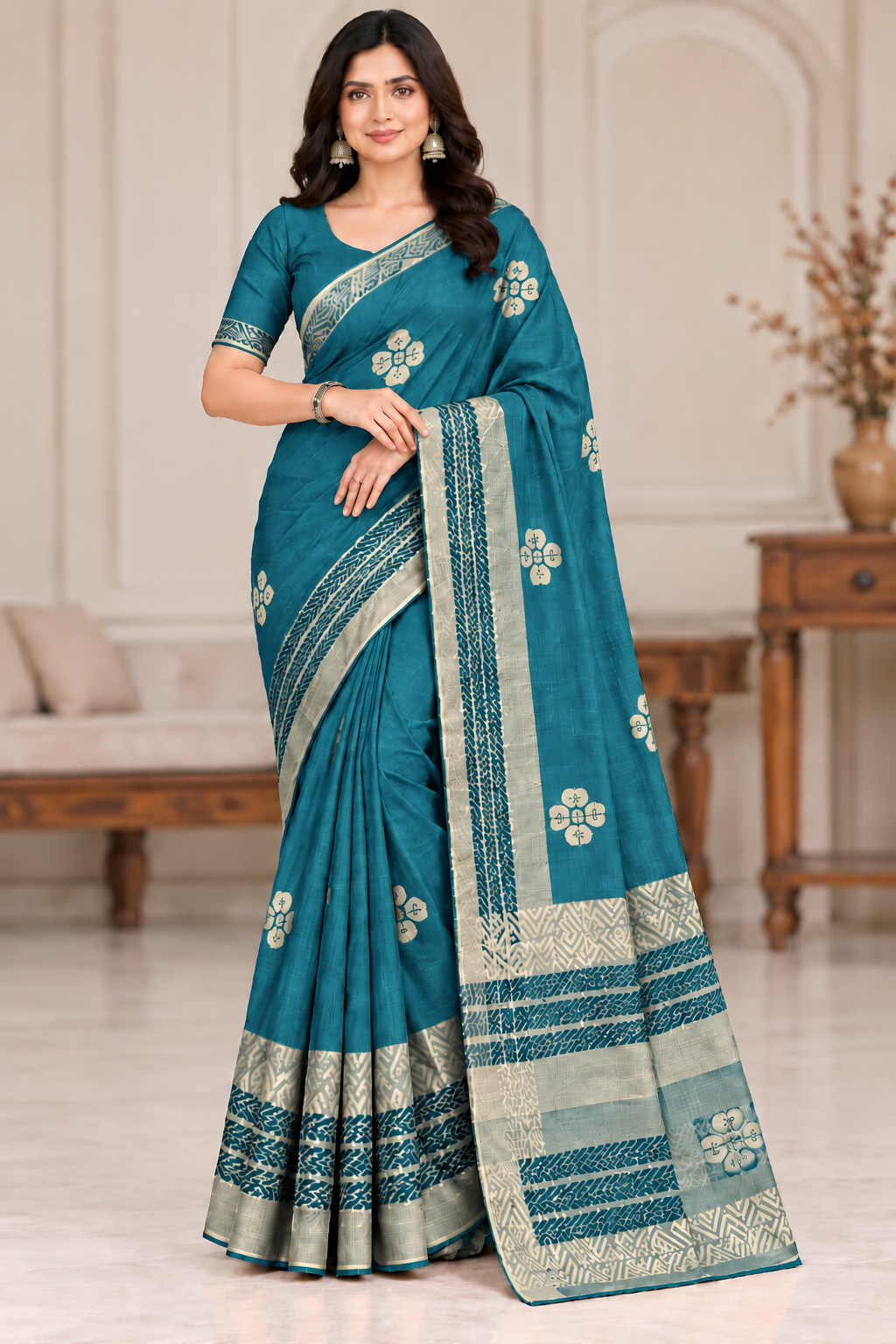 Cotton Pink Printed Saree with Contrast Border and Designer Pallu-15 Pcs Set.