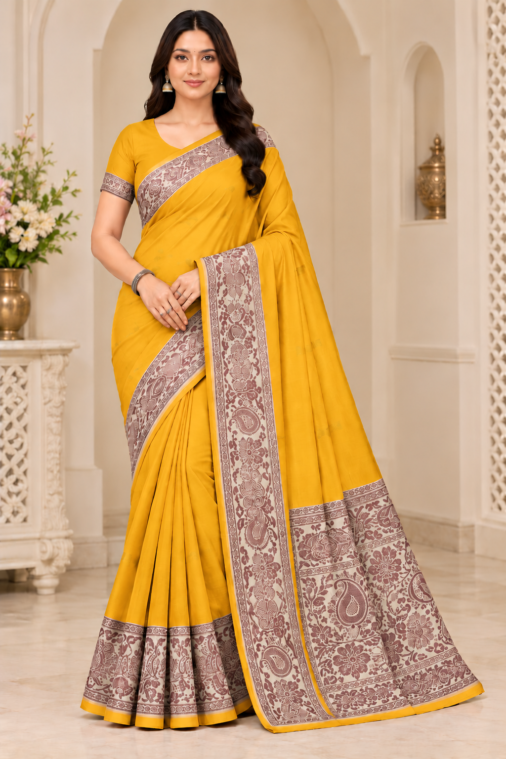 Cotton Green Traditional Jacquard Border Saree - 15 Pcs Set.