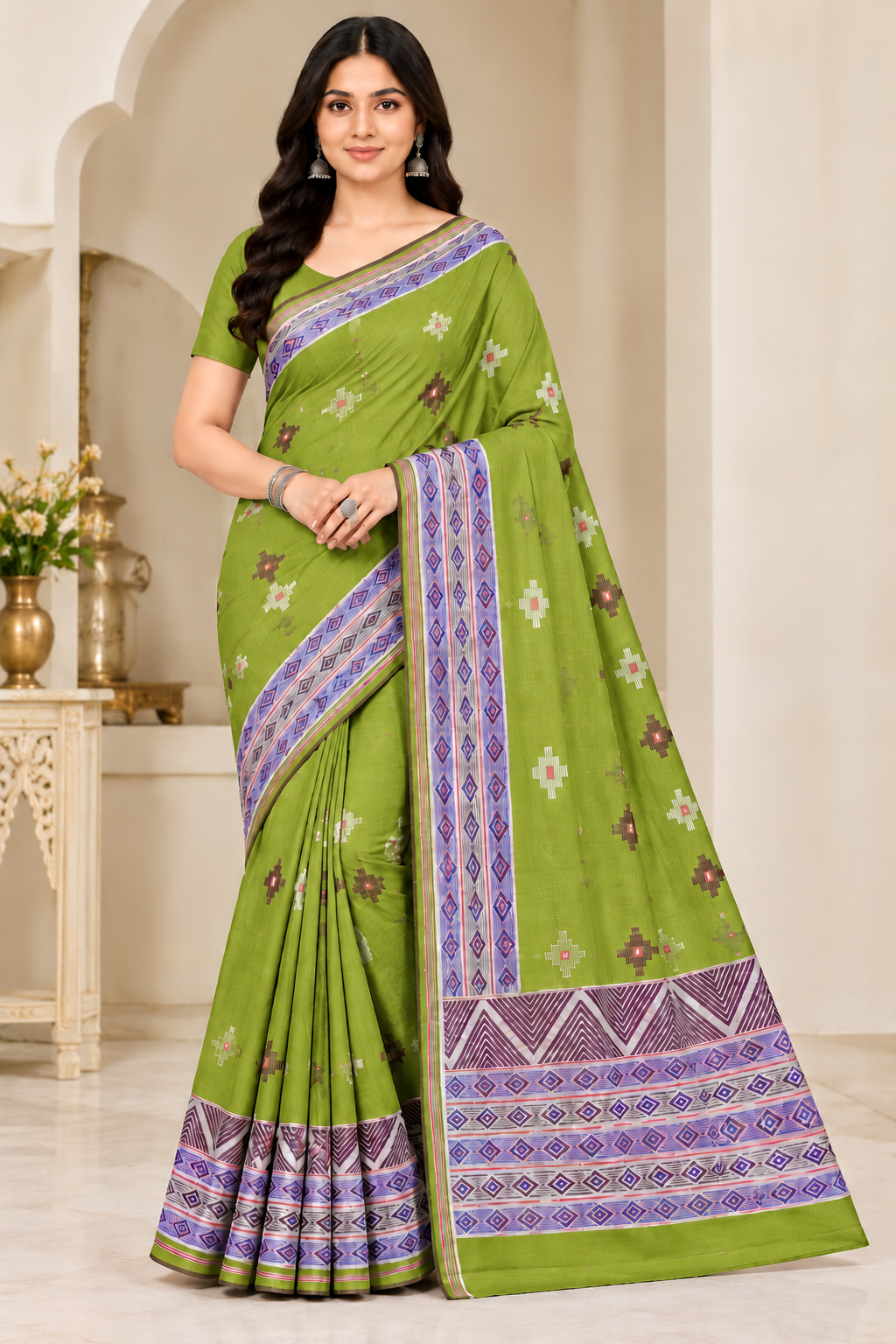 Cotton Teal Blue Printed Saree with Designer Geometric Border-14 Pcs Set.