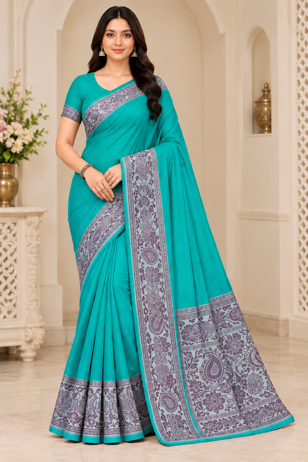 Cotton Green Traditional Jacquard Border Saree - 15 Pcs Set.