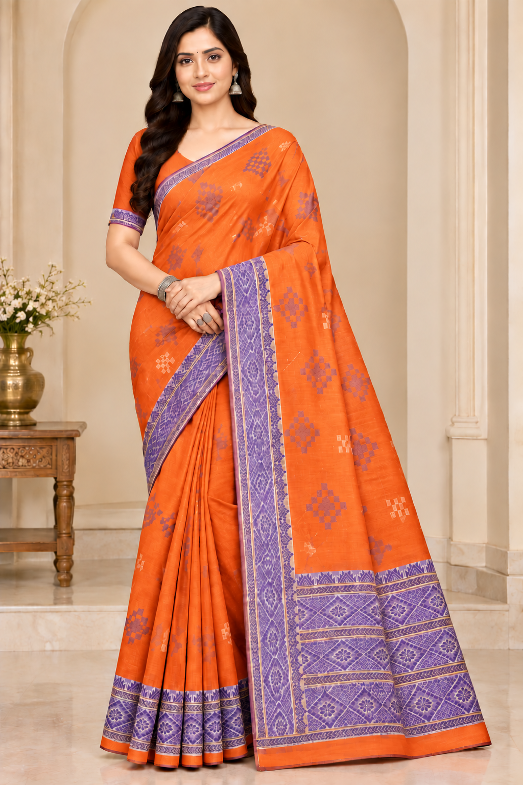 Cotton Green Woven Border Designer Saree - 14 Pcs Set