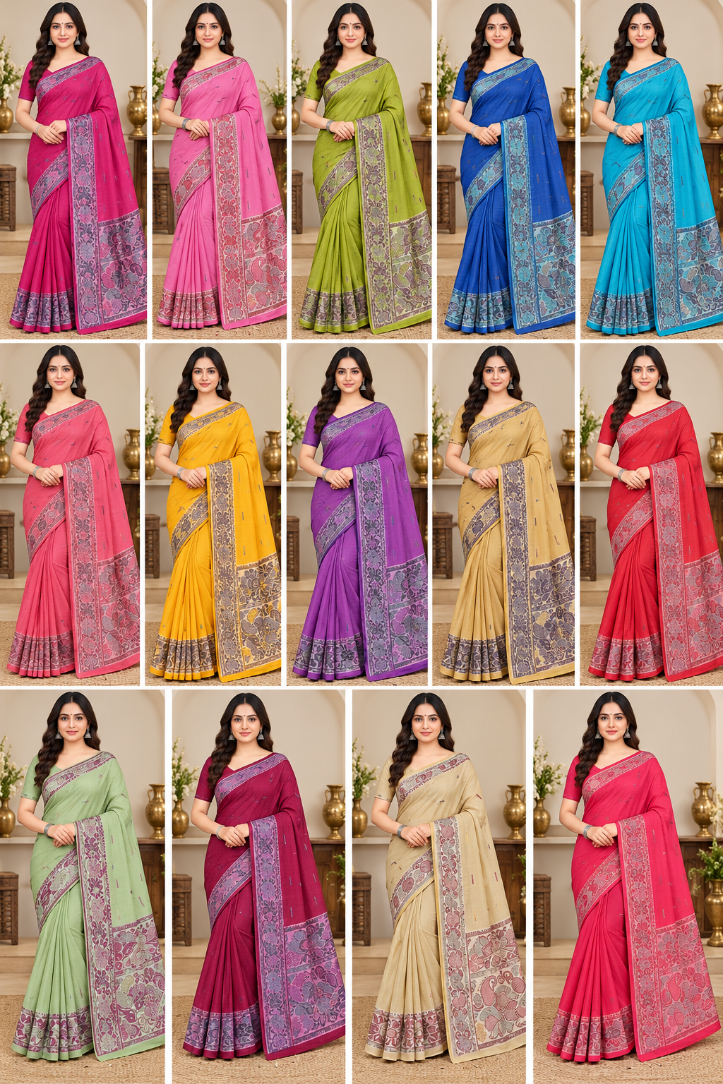 Cotton Royal Blue Designer Saree with Floral Jacquard Border-14 Pcs Set.