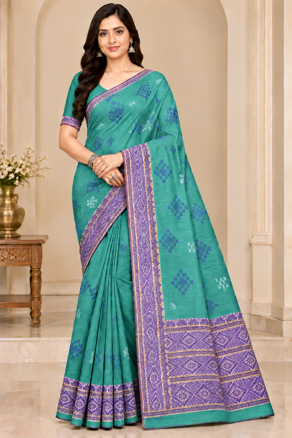 Cotton Green Woven Border Designer Saree - 14 Pcs Set