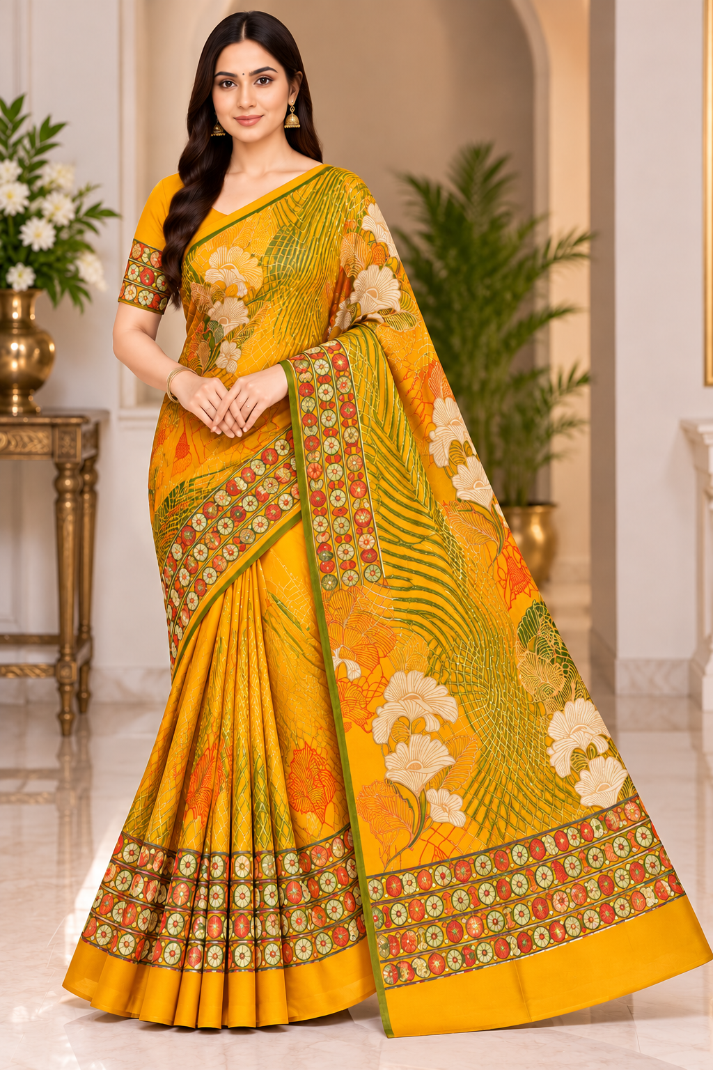 Weightless Designer Floral Printed Saree with Contrast Border - 6 Pcs Set