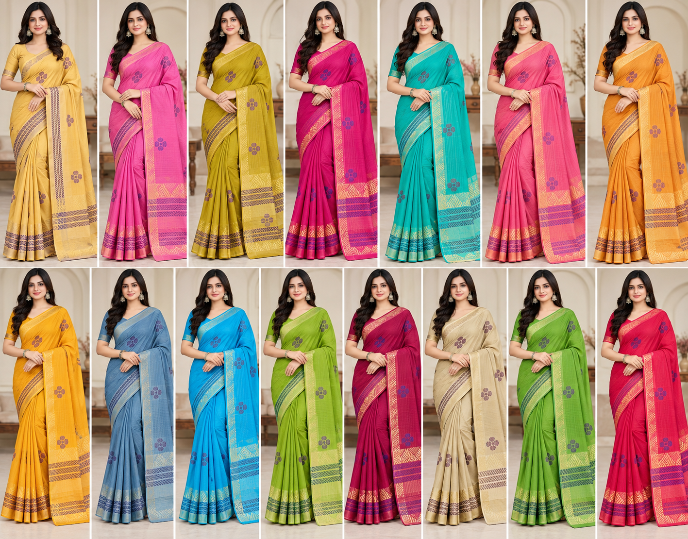 Cotton Pink Printed Saree with Contrast Border and Designer Pallu-15 Pcs Set.