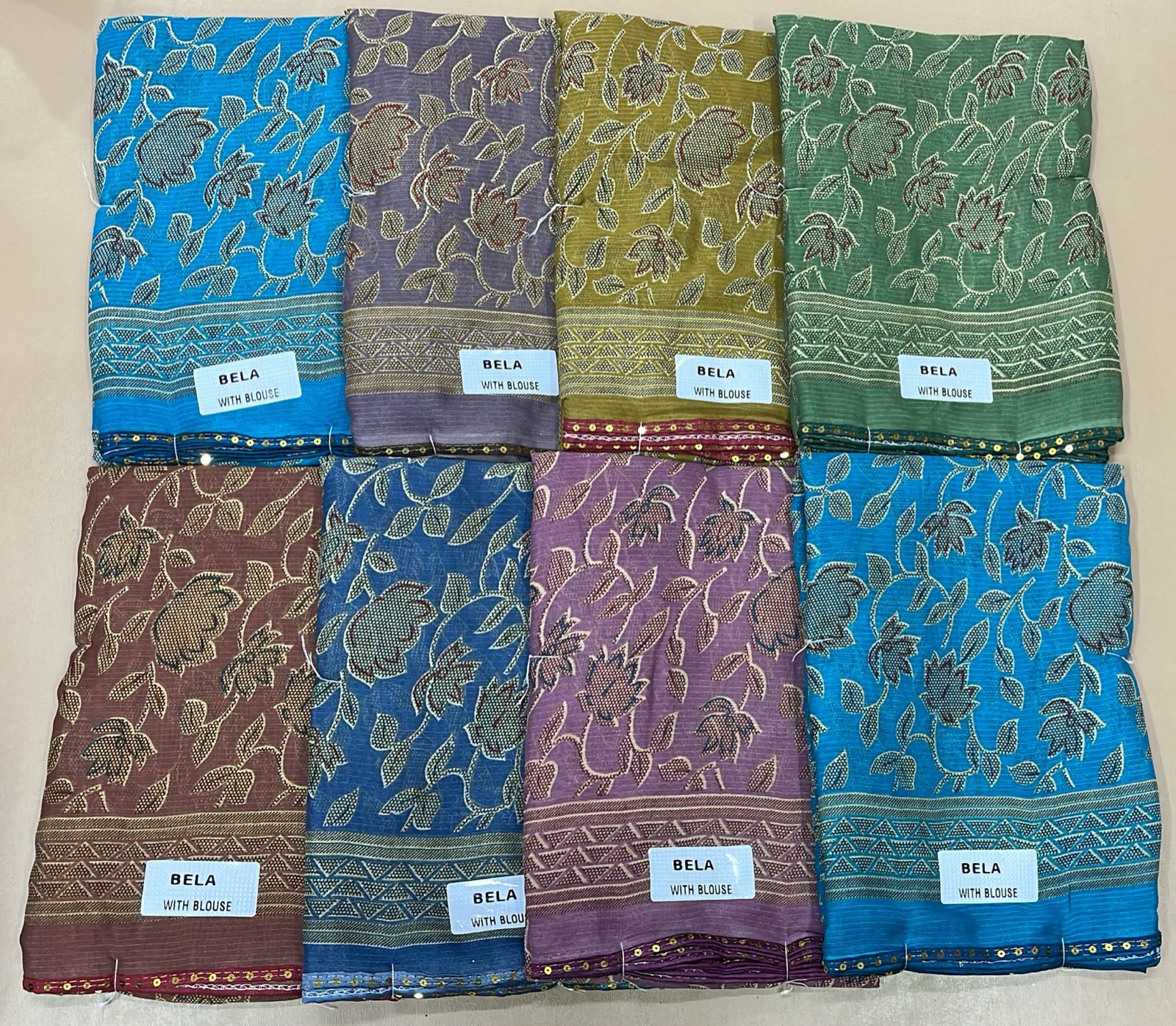 Ekstree Bela Zomato Fabric Saree 8 Pcs Combo Set With Unstitched Blouse – Lightweight Daily Wear-Floral Leaf Design With Border-Wholesale Price-M.R. Saree Emporium