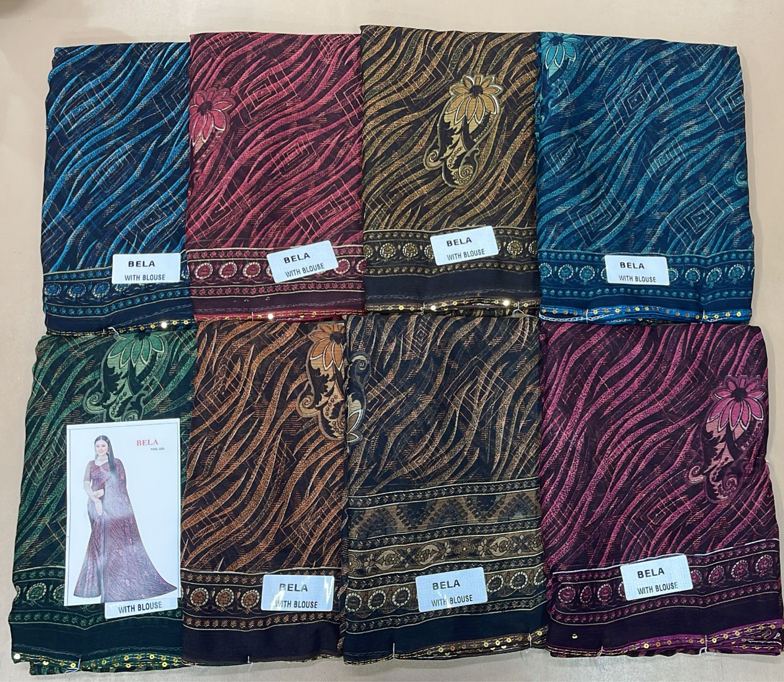 Ekstree Bela-02 Zomato Fabric Saree 8 Pcs Combo Set With Unstitched Blouse – Lightweight Daily Wear-Floral Leaf Design With Border-Wholesale Price-M.R. Saree Emporium