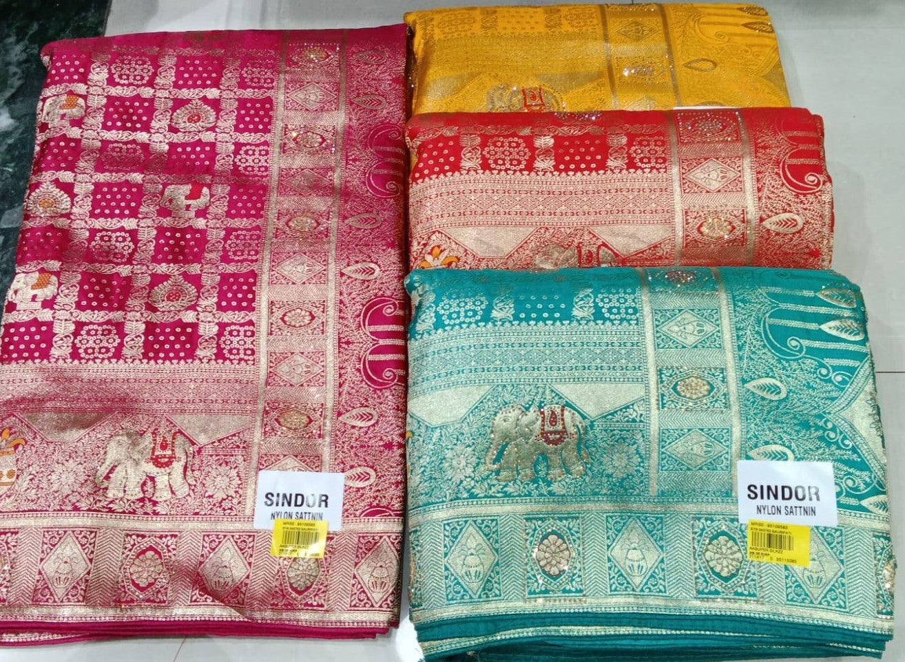 Sindor Nylon Satin Elephant Motif Traditional Saree Set of 4 with Heavy Zari Border – By M.R. Saree Emporium