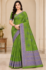 Cotton Green Woven Border Designer Saree - 14 Pcs Set