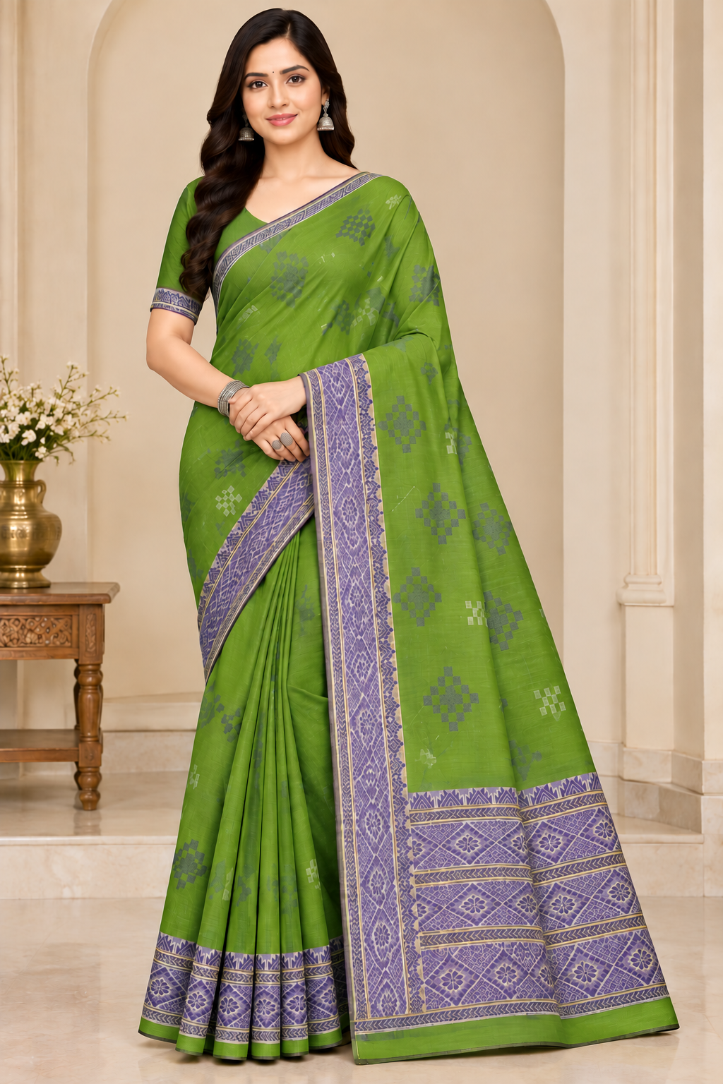 Cotton Green Woven Border Designer Saree - 14 Pcs Set