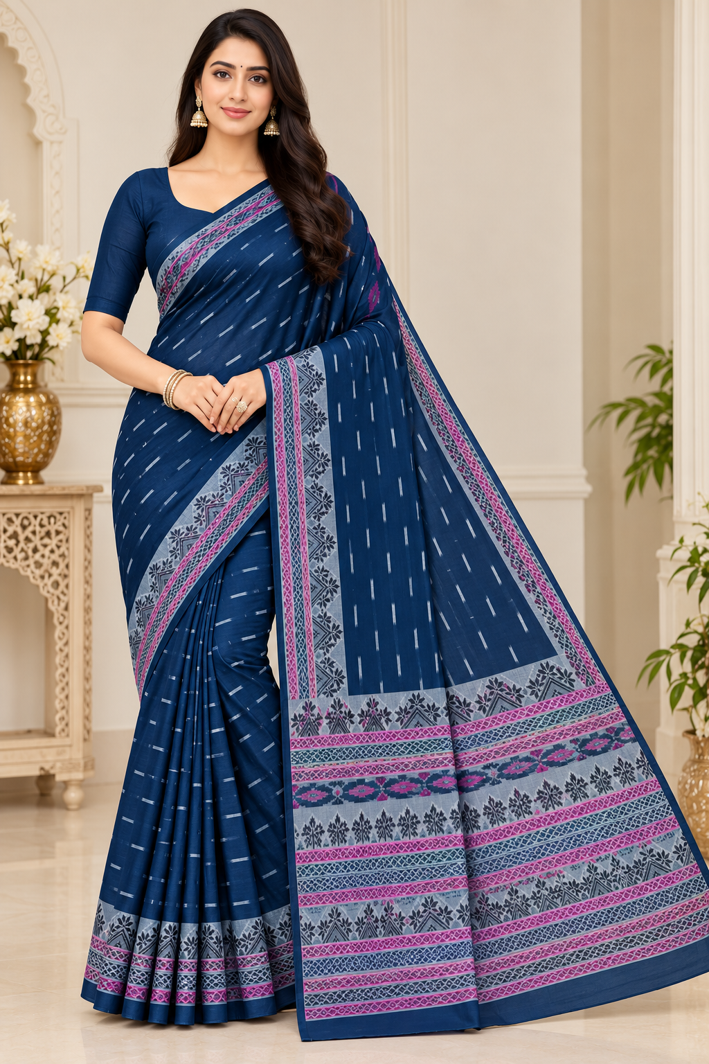 Cotton Navy Blue Printed Saree with Designer Border -16 Pcs Set.