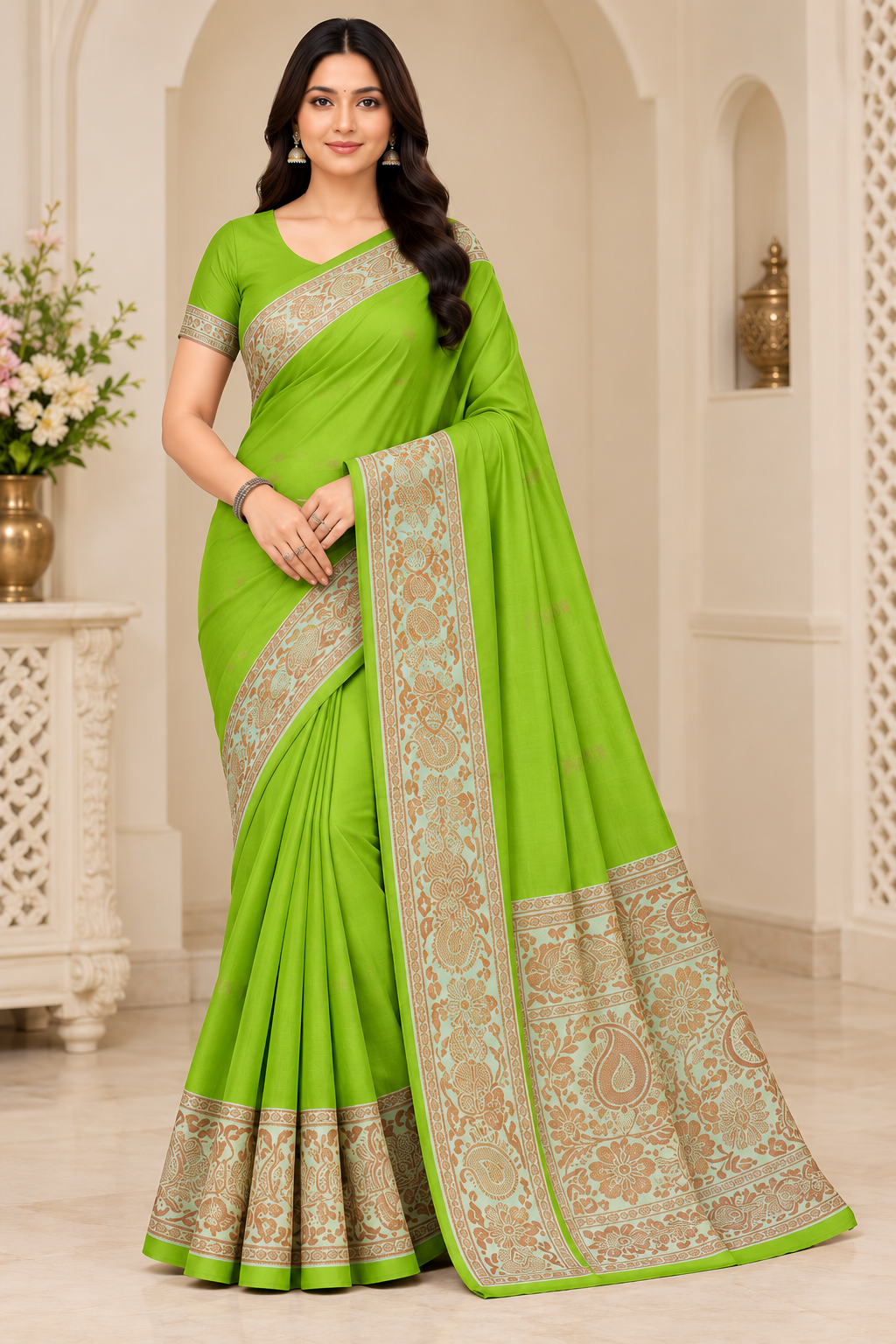 Cotton Green Traditional Jacquard Border Saree - 15 Pcs Set.