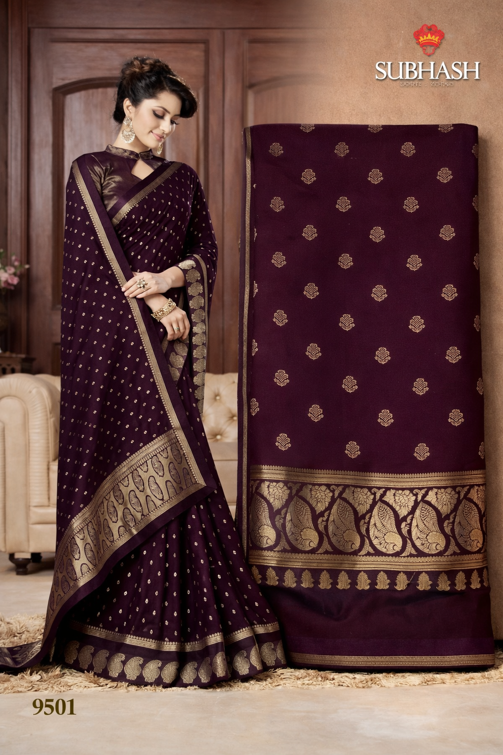 Subhash Saree D.No. 9501 – Royal Wine Zari Weaving Designer Saree by M.R. Saree Emporium