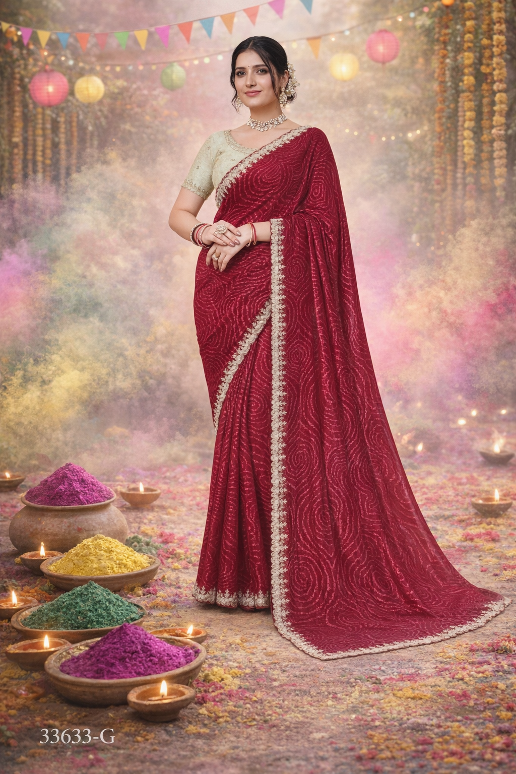 Subhash Saree D.No. 33633-G – Rich Wine Designer Festive Saree with Swirl Print & Lace Border-Single Pcs By M.R. Saree Emporium