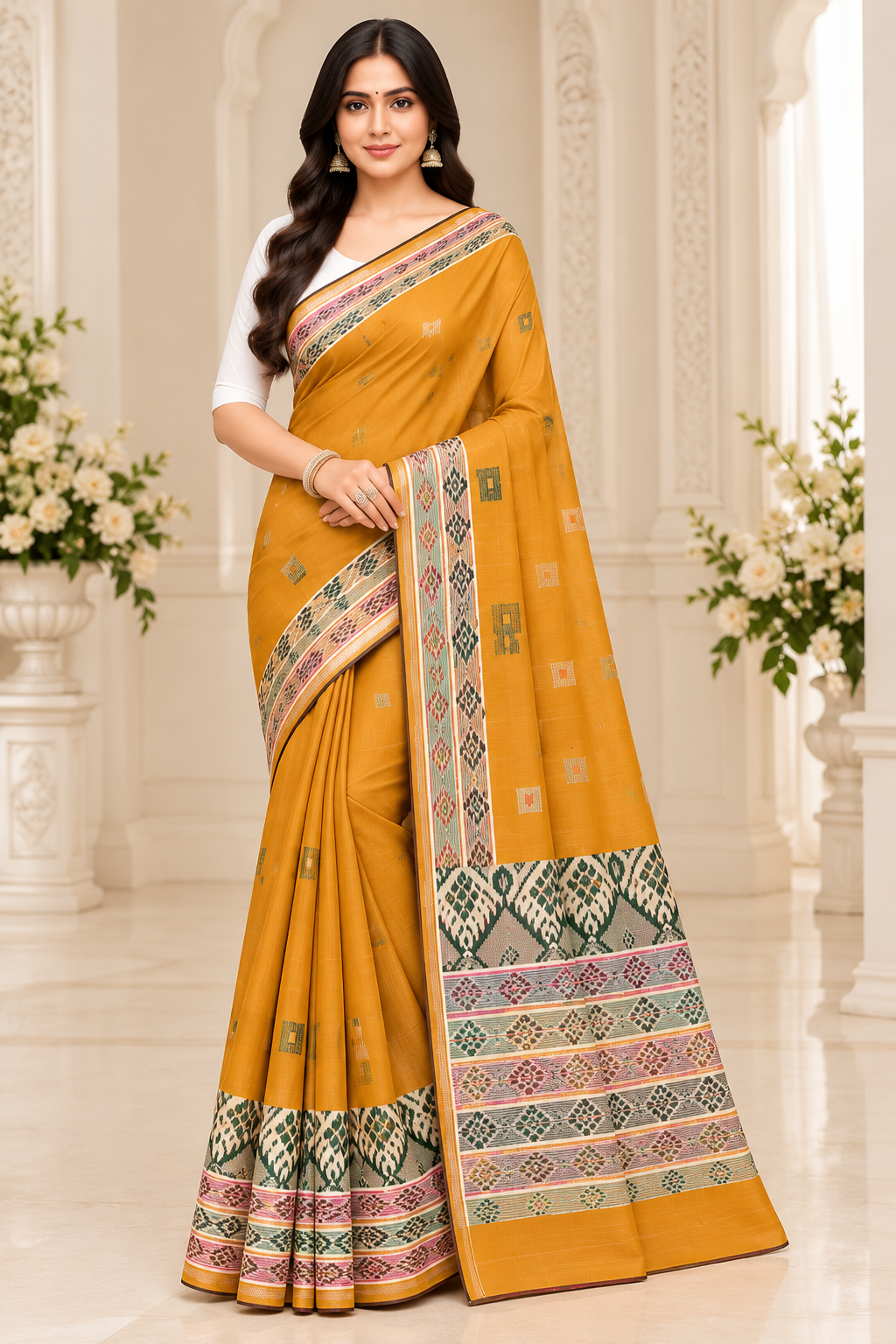 Cotton Traditional Mustard Gold Saree with Designer Woven Border-20 Pcs Set.