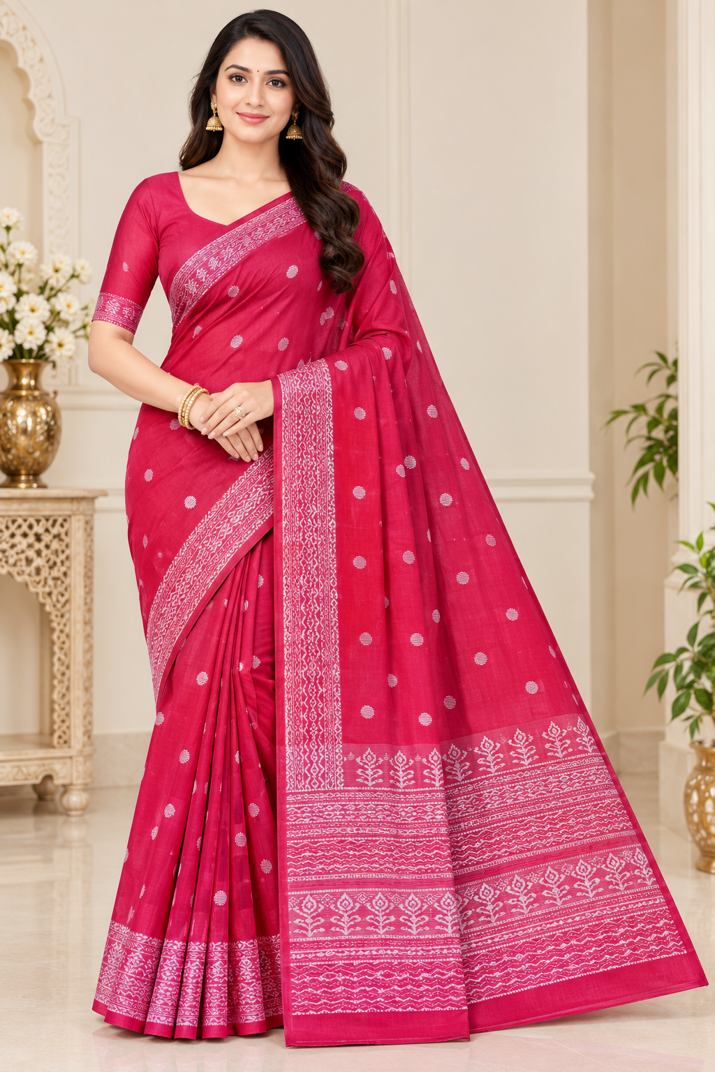 Cotton Pink Printed Saree with Designer Border -17 Pcs Set.