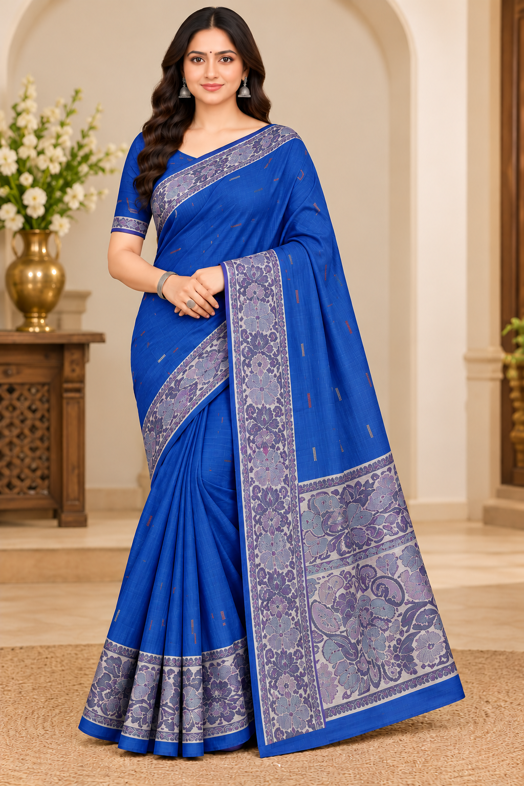 Cotton Royal Blue Designer Saree with Floral Jacquard Border-14 Pcs Set.