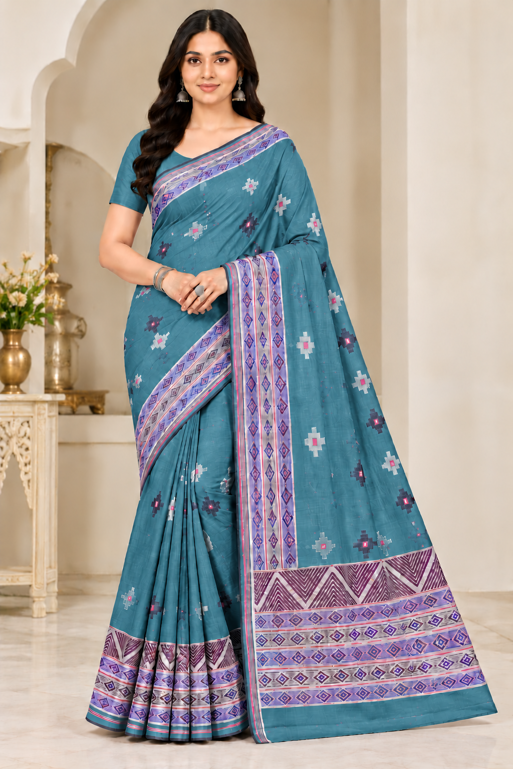 Cotton Teal Blue Printed Saree with Designer Geometric Border-14 Pcs Set.