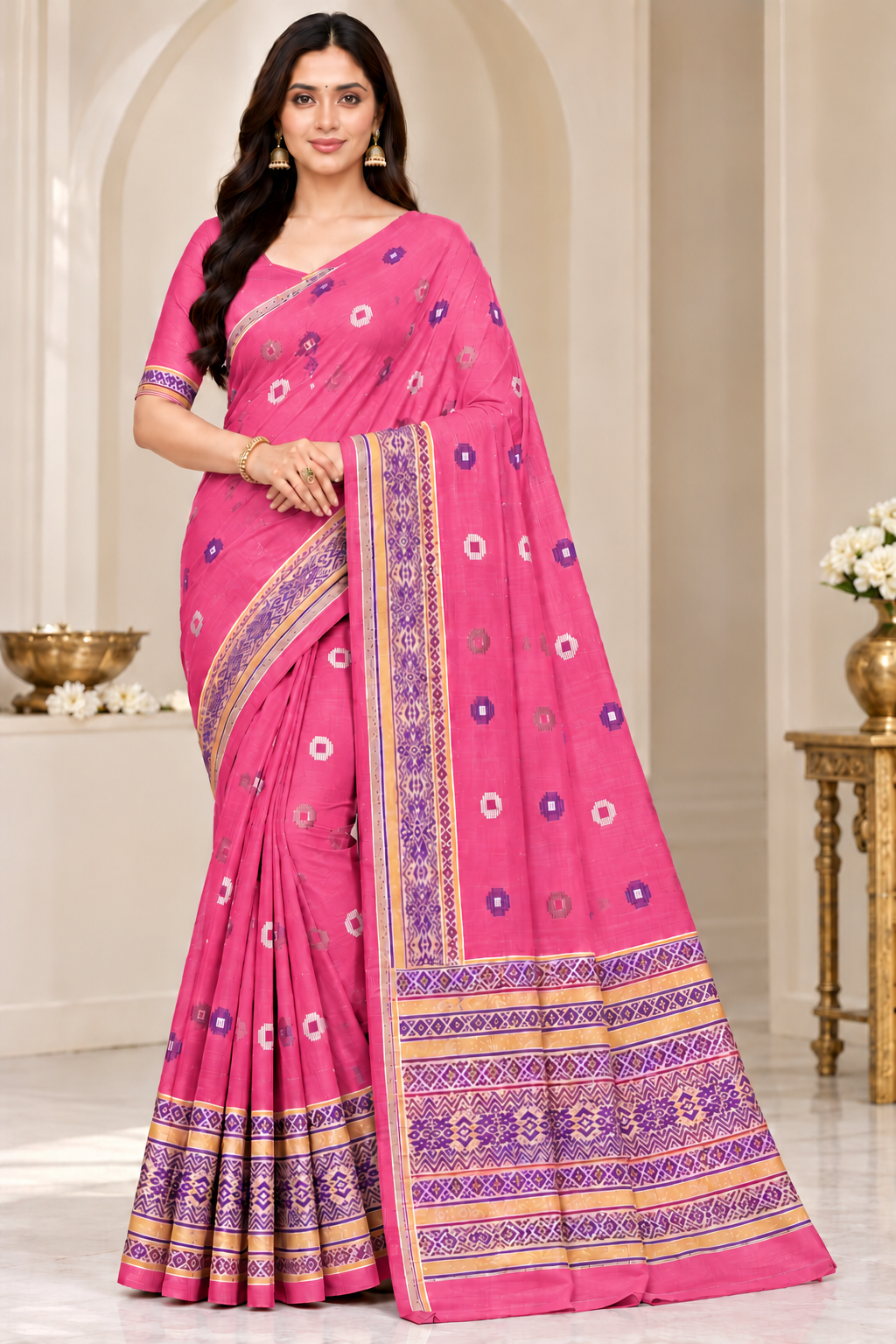 Cotton Traditional Printed Saree with Designer Woven Border - 15 Pcs Set.