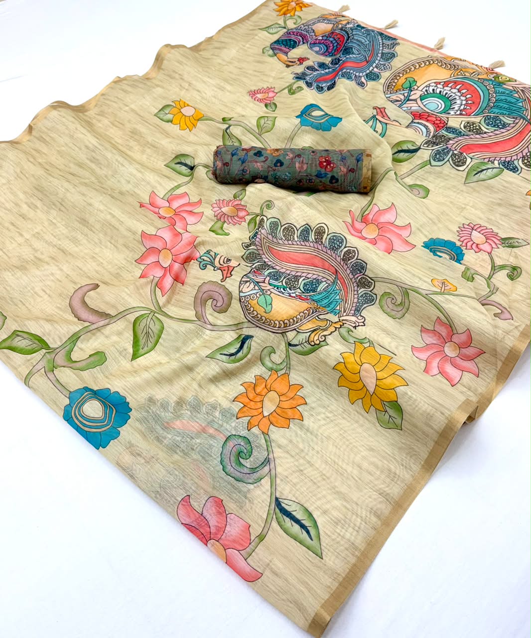 Kazari Series Chanderi Linen Saree with Kalamkari Print
