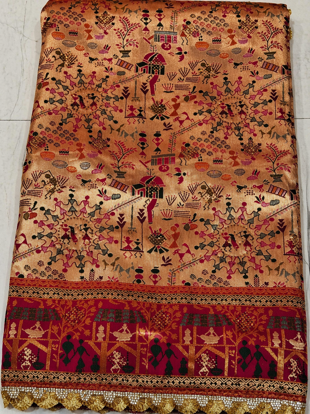 Beige & Red Kanjivaram Silk Saree with Warli Print, Rich Designer Border & Lace Finish-M.R. Saree Emporium
