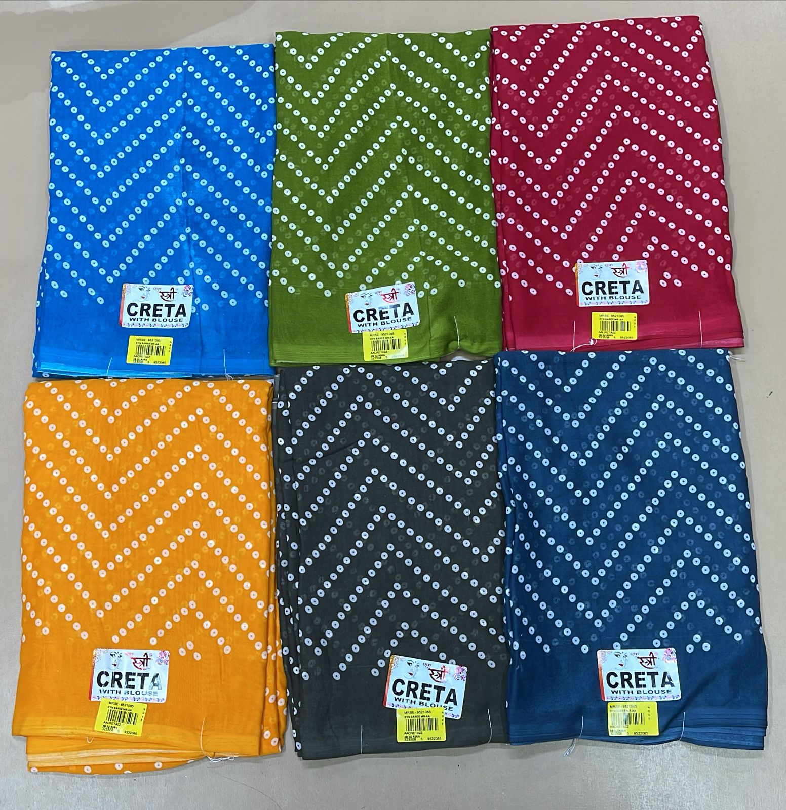 Ekstree Creta Weightless Saree 6 Pcs Combo Set With Unstitched Blouse – Lightweight Daily Wear Zigzag Bandhani Printed Design Wholesale Price-M.R. Saree Emporium