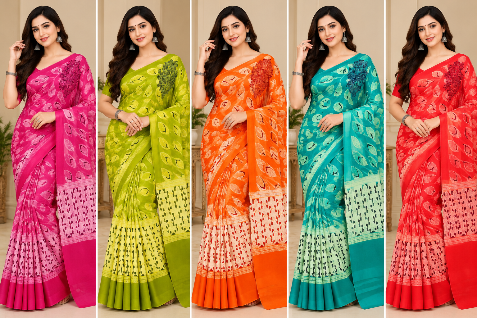 Weightless Pink Printed Saree with Designer Border - 5 Pcs Set.