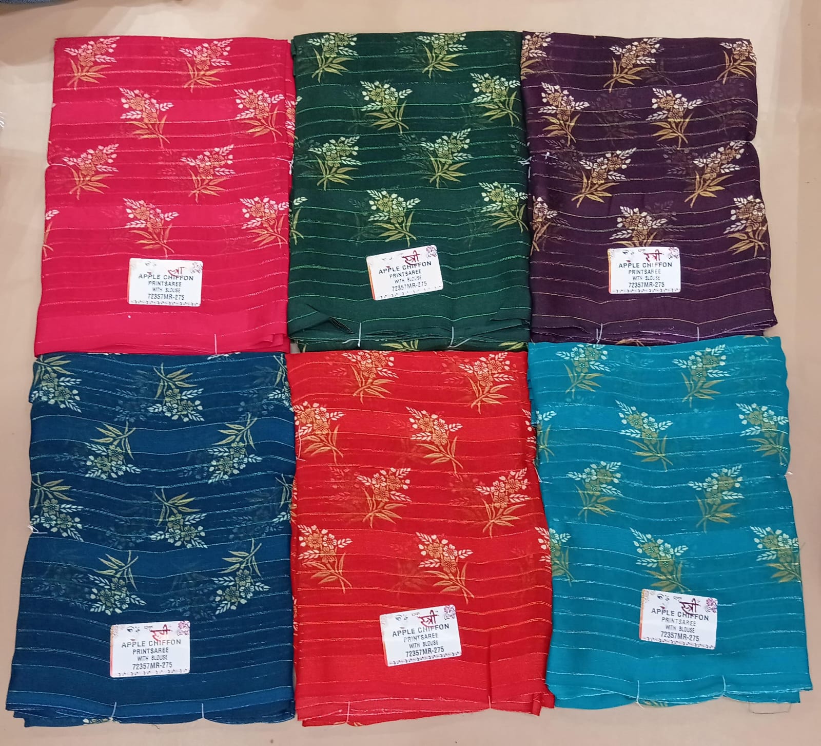 Floral Printed Apple Chiffon Saree 6 Pcs Set-Designer Stripe Pattern Daily Wear Saree Collection-M.R. Saree Emporium