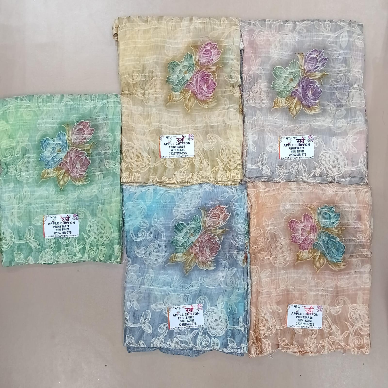 Floral Embroidery Style Apple Chiffon Saree 5 Pcs Set-Designer Soft Pastel Fancy Saree Collection-M.R. Saree Emporium