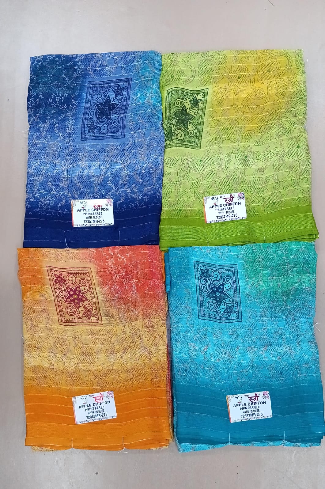 Dual Shade Apple Chiffon Printed Saree 4 Pcs Set-Designer Daily Wear Fancy Saree Collection-M.R. Saree Emporium