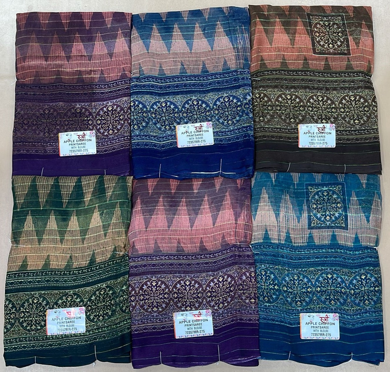 Ekstree Apple Chiffon Print Saree Set (6 Pcs Combo) With Unstitched Blouse – Designer Border Printed Daily Wear Wholesale Collection-M.R. Saree Emporium