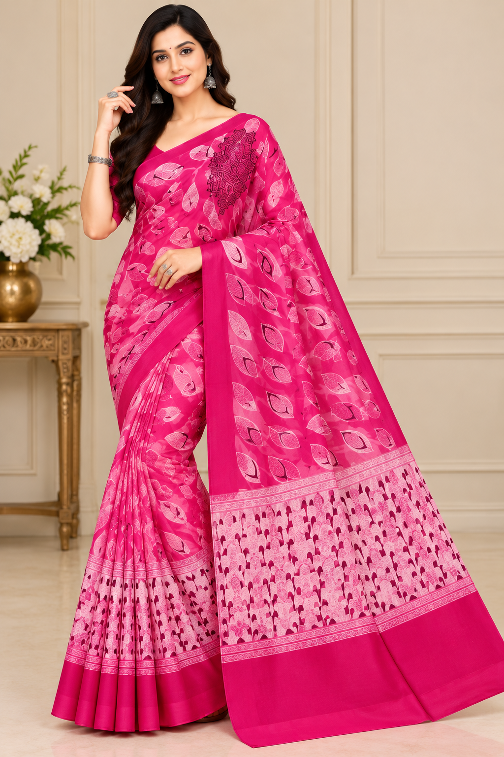 Weightless Pink Printed Saree with Designer Border - 5 Pcs Set.