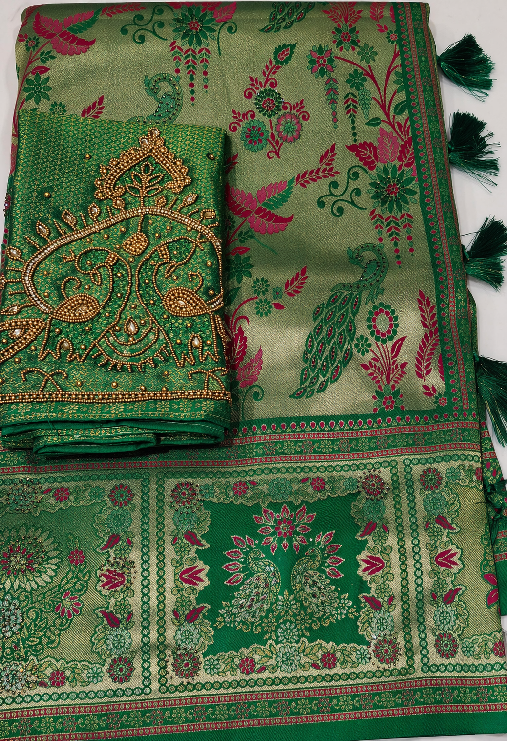 Green Kanjivaram Silk Saree with Heavy Zari Work Blouse & Rich Designer Border-M.R. Saree Emporium