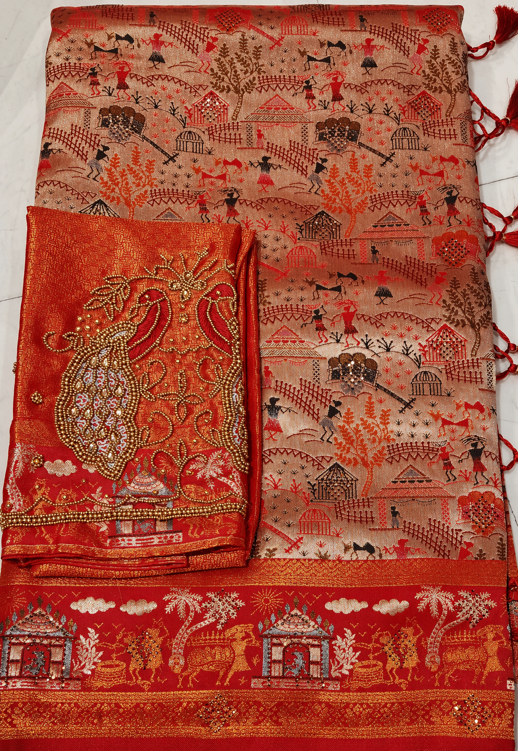 Red Kanjivaram Silk Saree with Madhubani Print, Heavy Work Blouse & Rich Designer Border-M.R. Saree Emporium