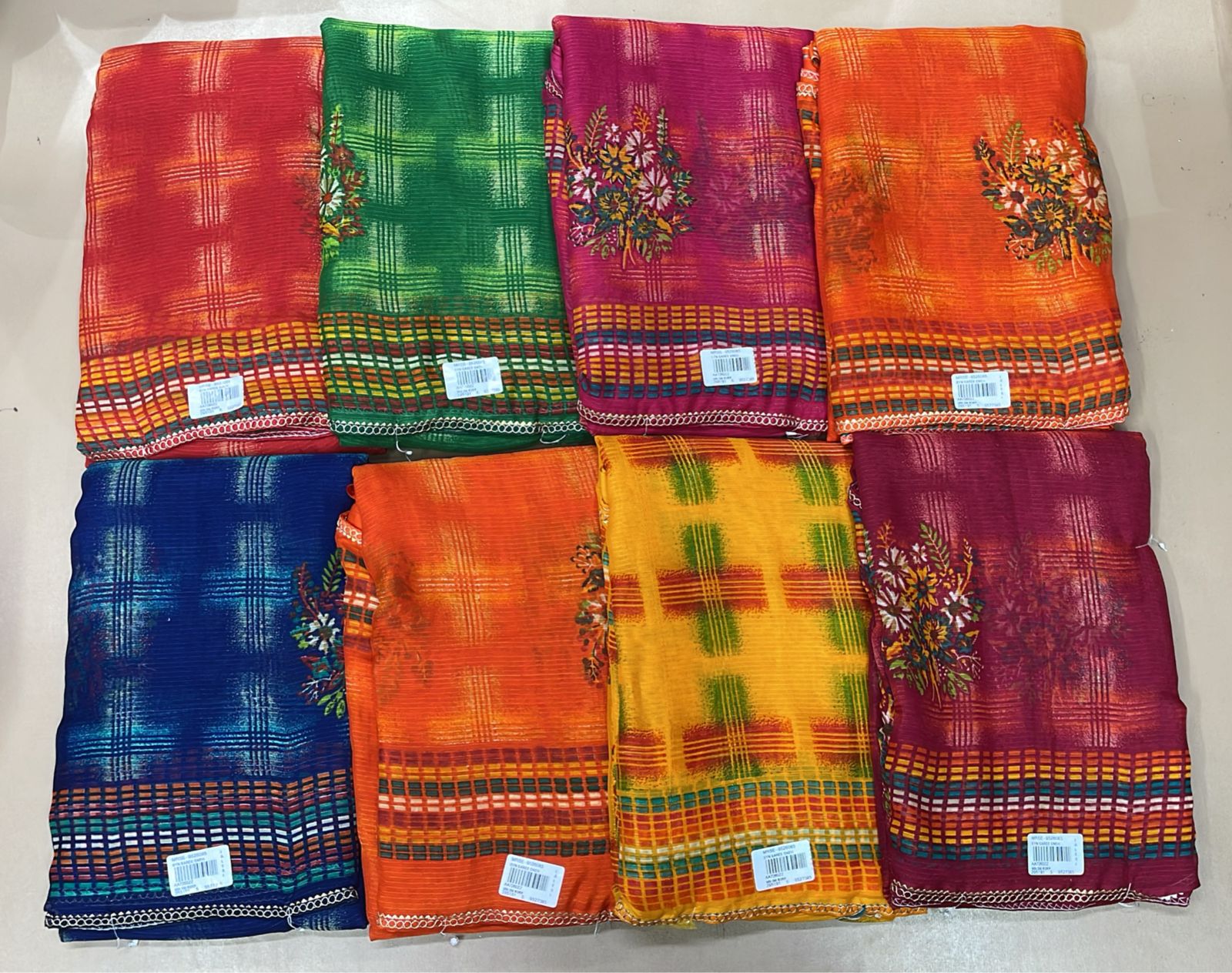 Ekstree Weightless Saree 8 Pcs Combo Set With Unstitched Blouse – Lightweight Daily Wear | Checks & Floral Printed Design With Contrast Border-Wholesale Price-M.R. Saree Emporium