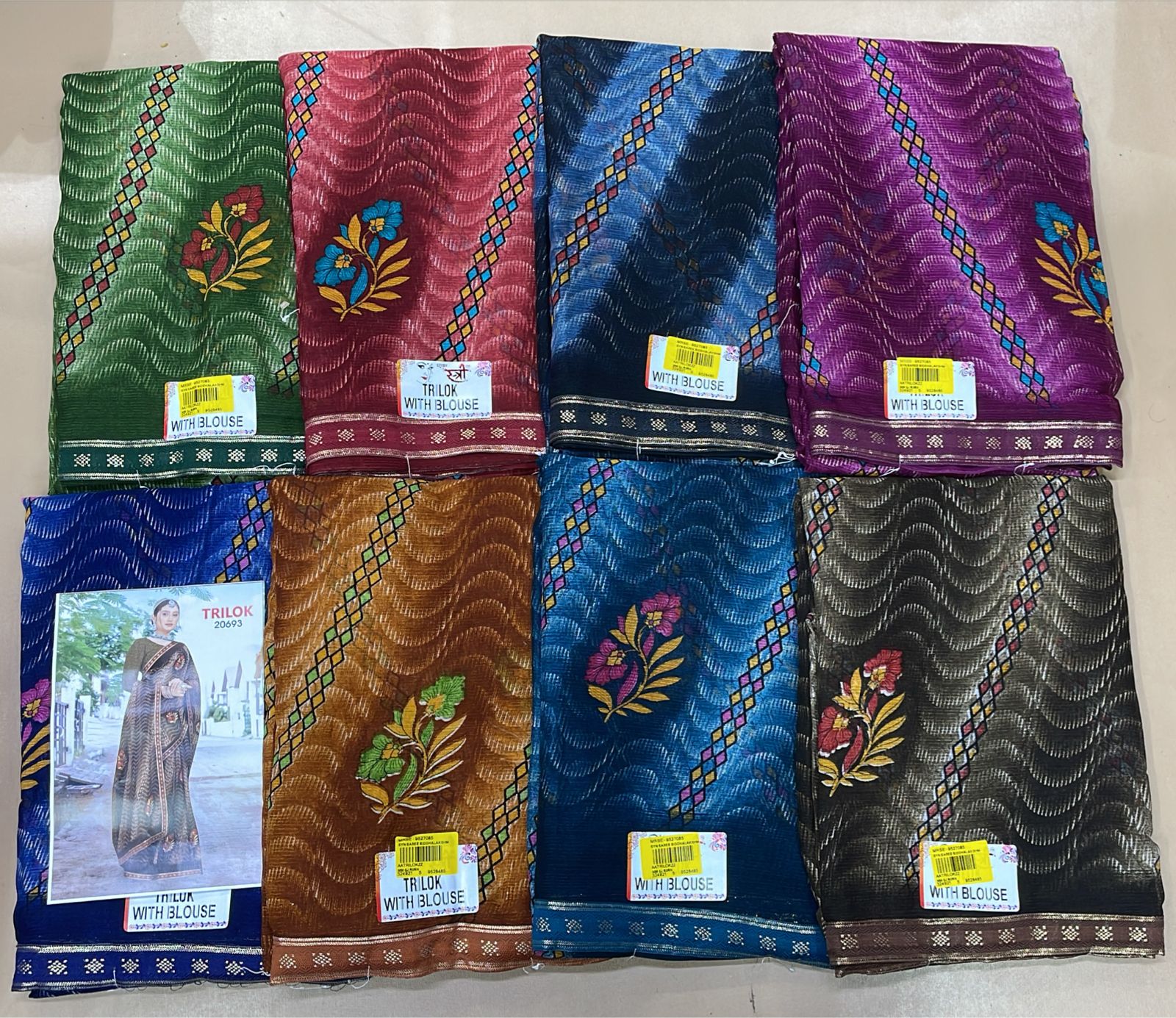 Ekstree Trilok Weightless Saree 8 Pcs Combo Set With Unstitched Blouse-Lightweight Daily Wear-Wholesale Price-M.R. Saree Emporium