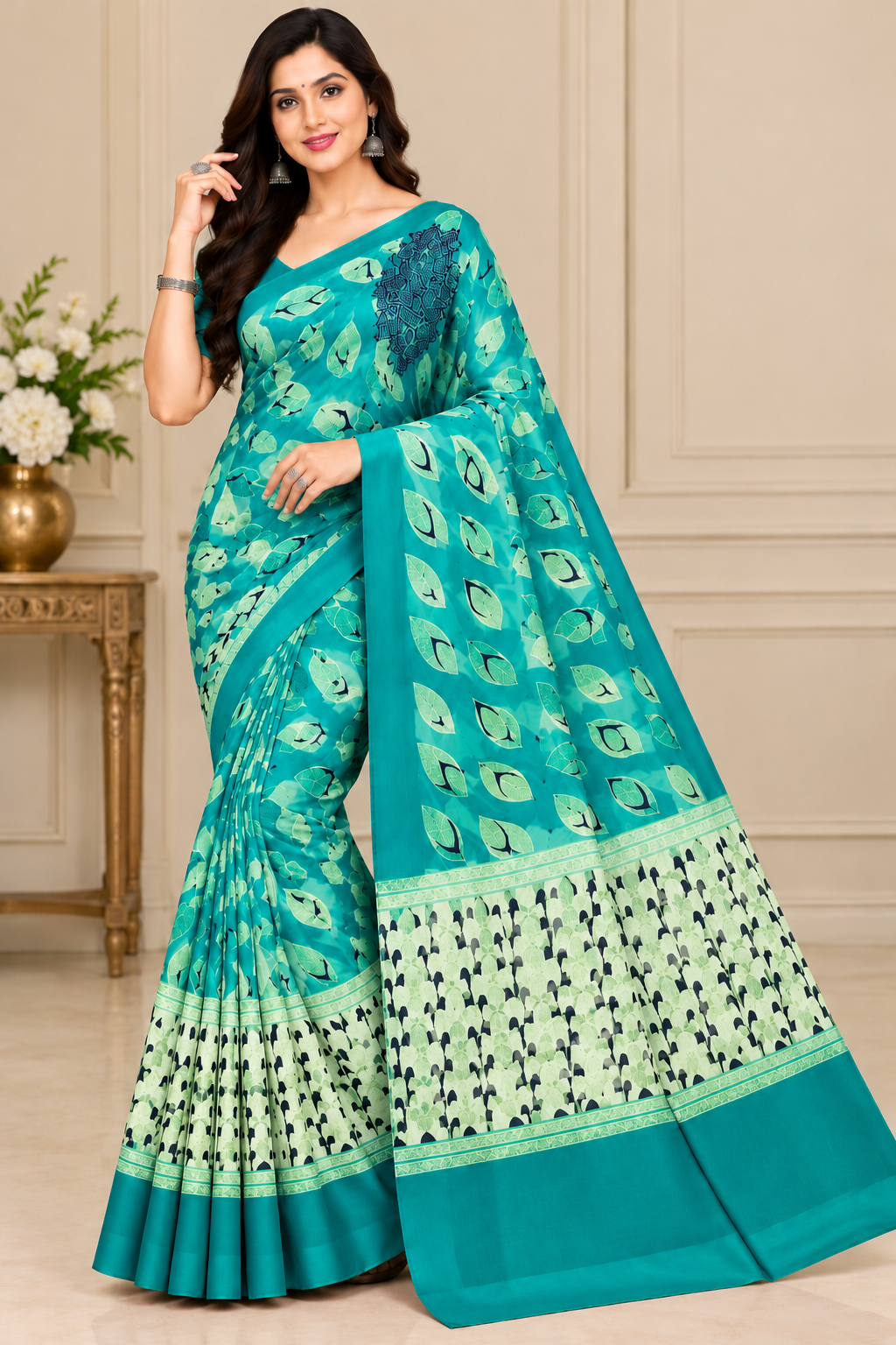 Weightless Pink Printed Saree with Designer Border - 5 Pcs Set.