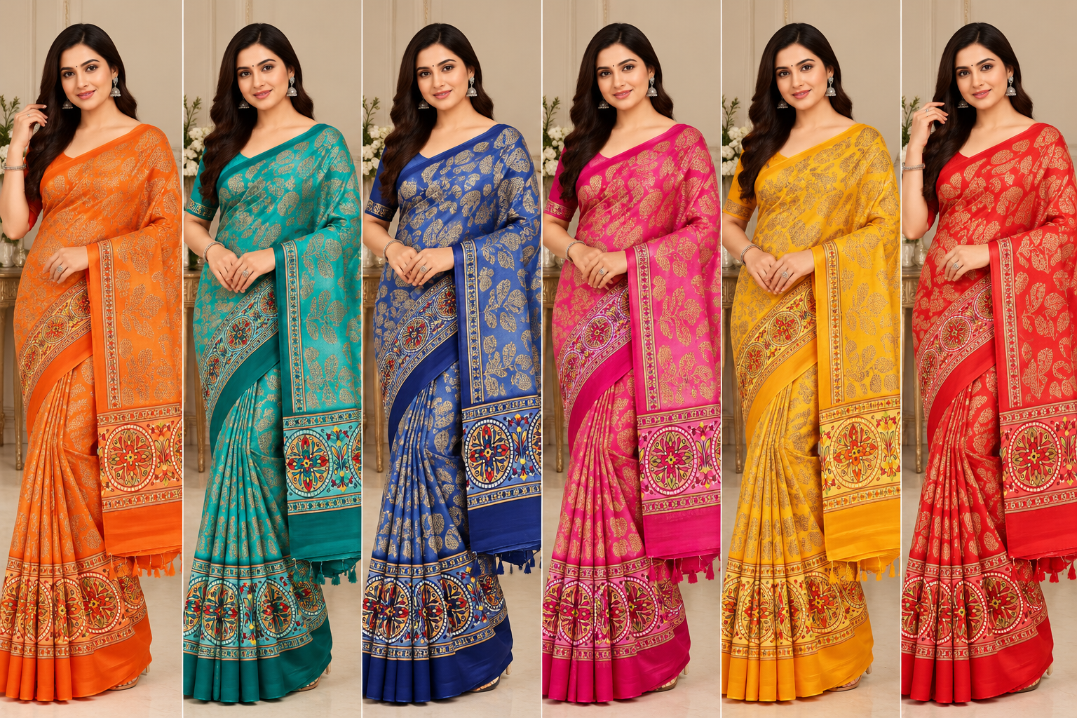 Weightless Royal Blue Printed Silk Saree with Designer Border -6 Pcs Set.