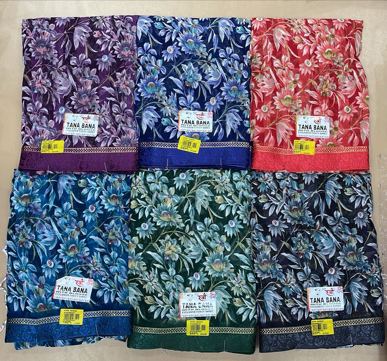 Tana Bana Floral Printed Chiffon Saree 6 Pcs Set-Designer Fancy Flower Print Saree Collection-M.R. Saree Emporium