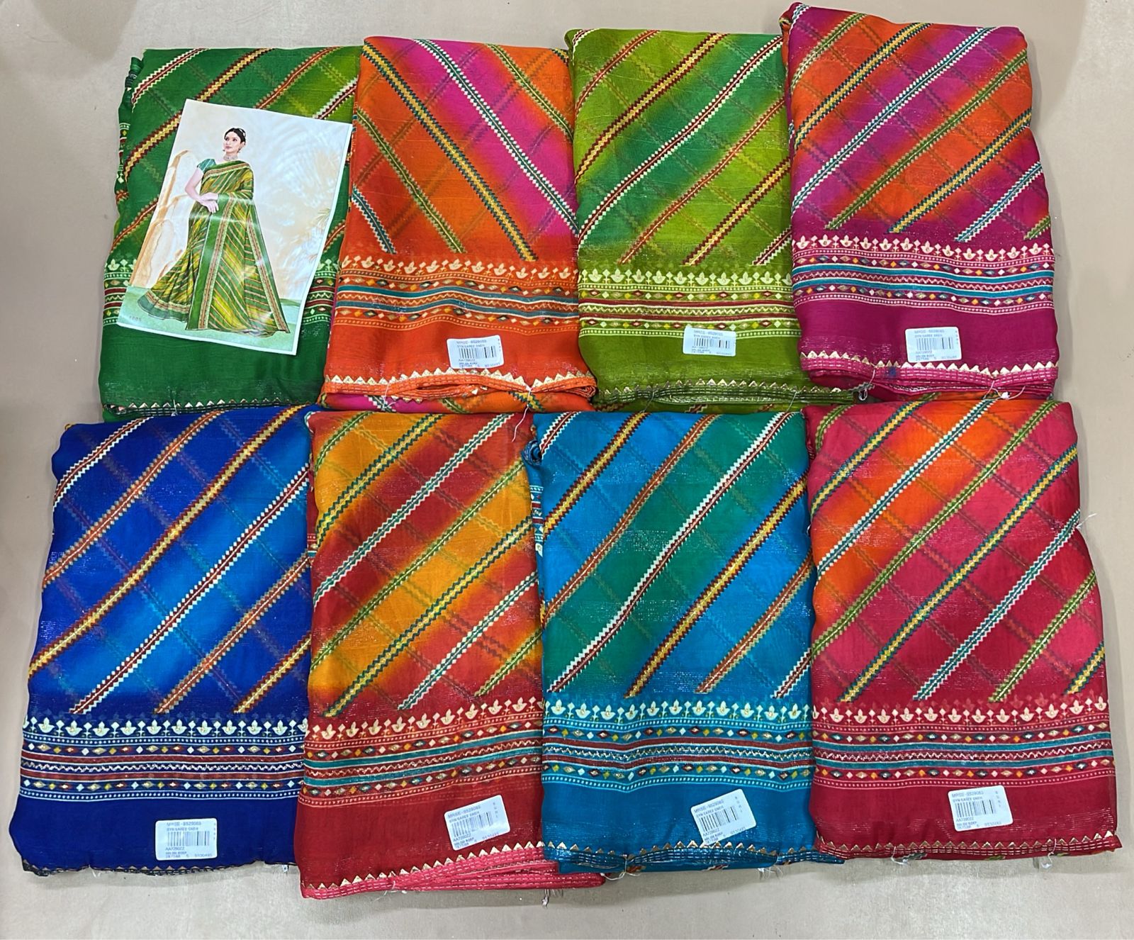 Ekstree Weightless Saree 8 Pcs Combo Set With Unstitched Blouse – Lightweight Daily Wear-Leheriya Stripe Design With Designer Border-Wholesale Price M.R. Saree Emporium