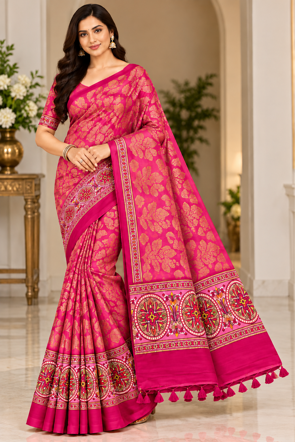 Weightless Royal Blue Printed Silk Saree with Designer Border -6 Pcs Set.
