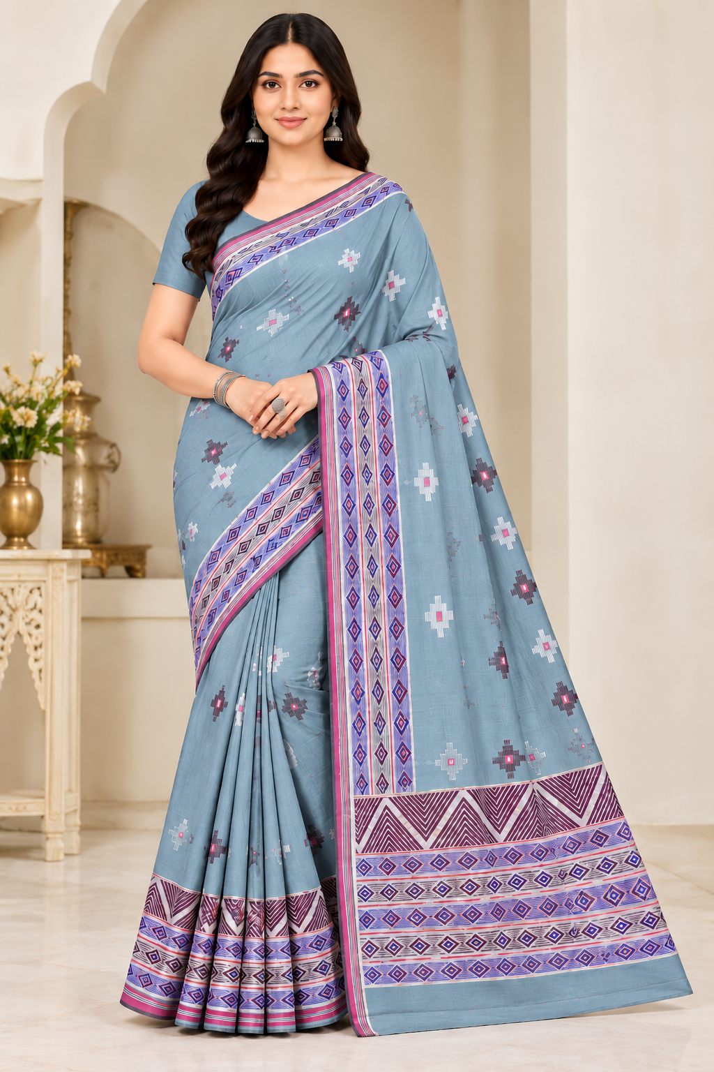 Cotton Teal Blue Printed Saree with Designer Geometric Border-14 Pcs Set.