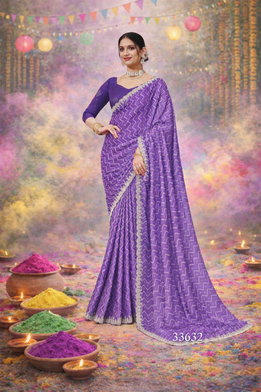 Subhash Saree D.No. 33632 – Purple Designer Festive Saree with Zigzag Print & Lace Border-Single Pcs By M.R. Saree Emporium