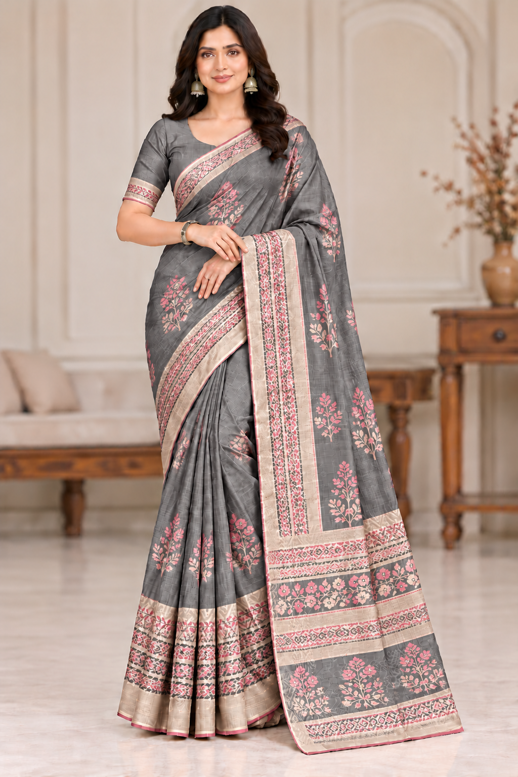 Cotton Pink Printed Saree with Contrast Border and Designer Pallu-15 Pcs Set.