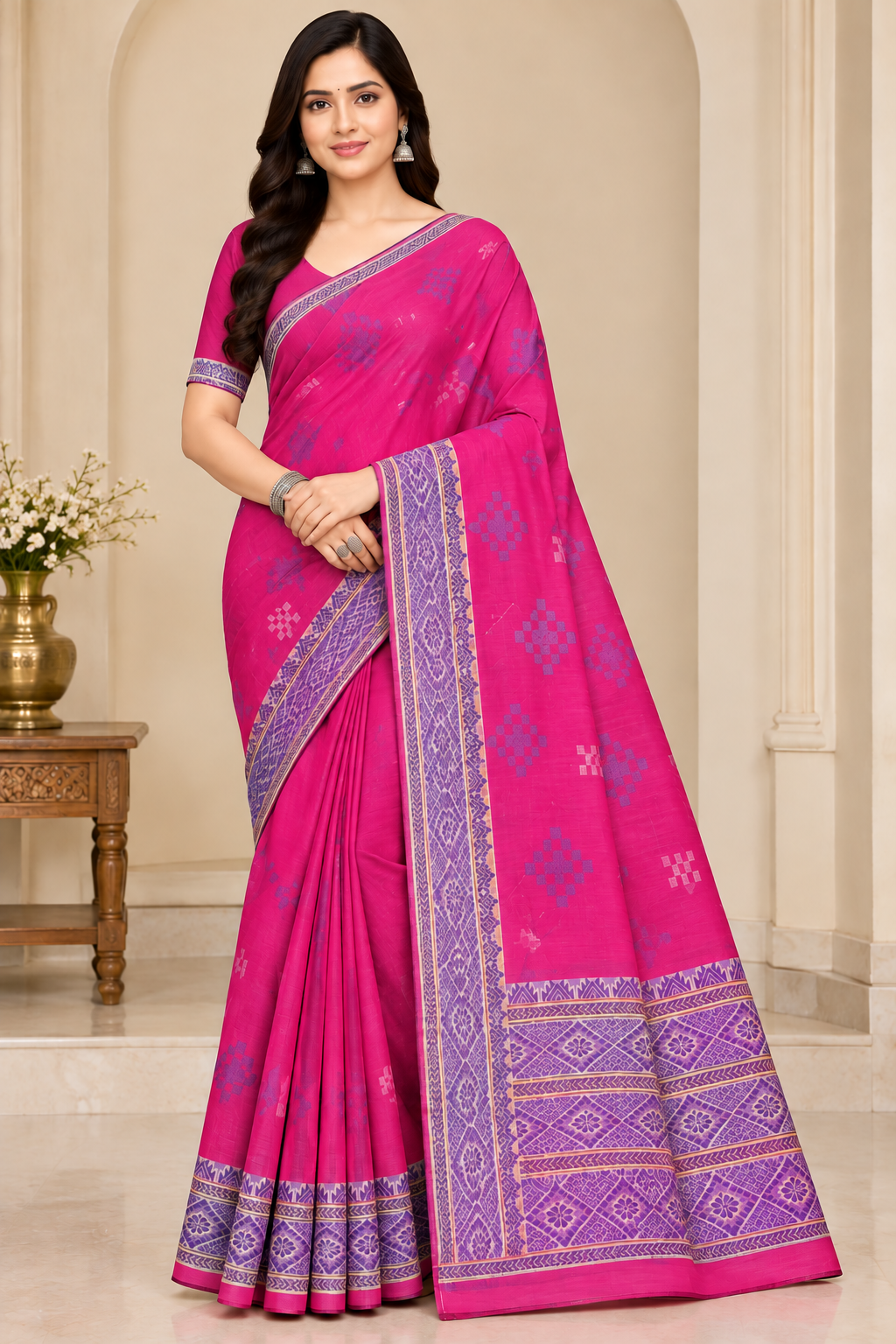 Cotton Green Woven Border Designer Saree - 14 Pcs Set