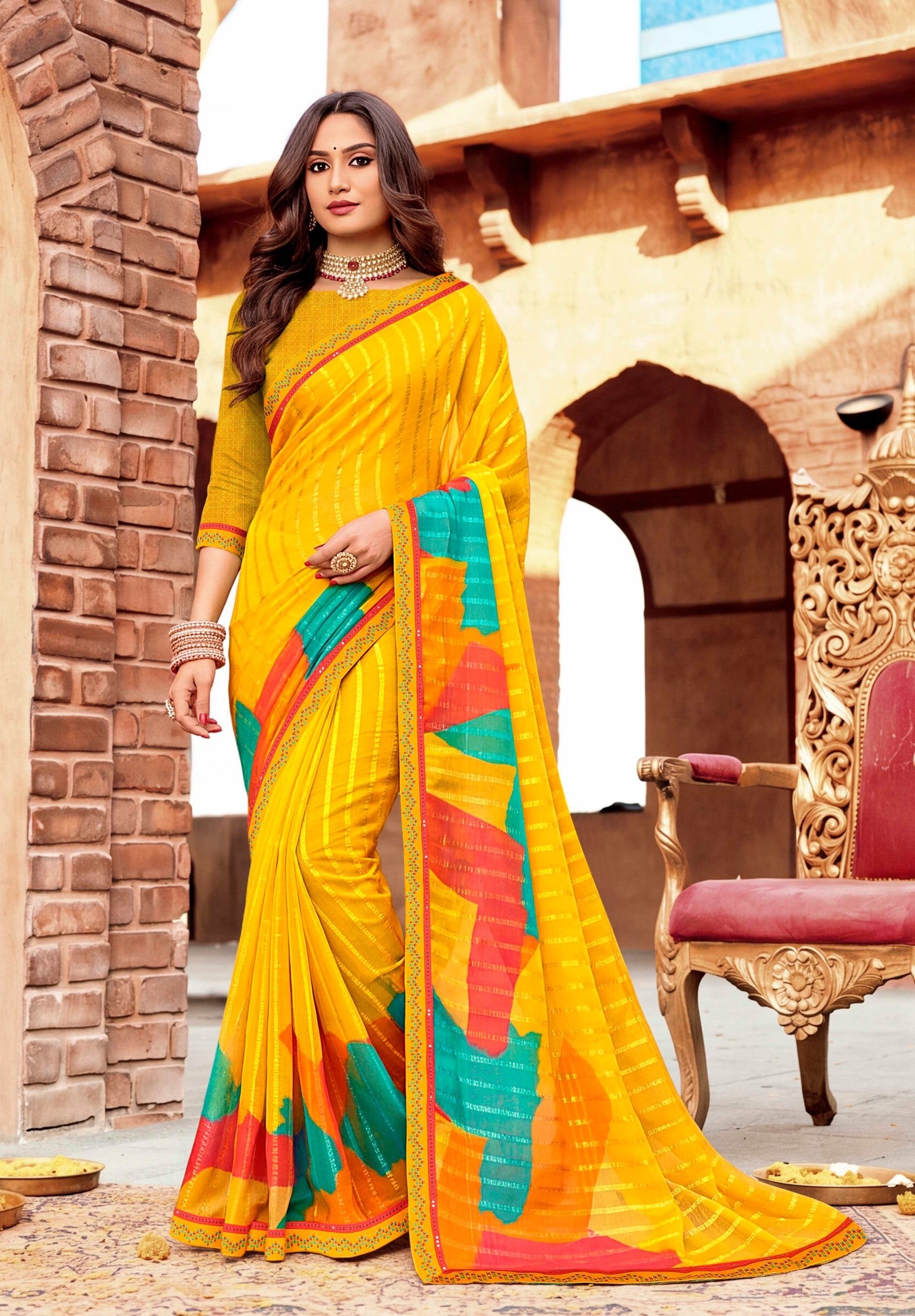 Ladorani Crazy Lemon Printed Designer Saree - 8 PCS Set