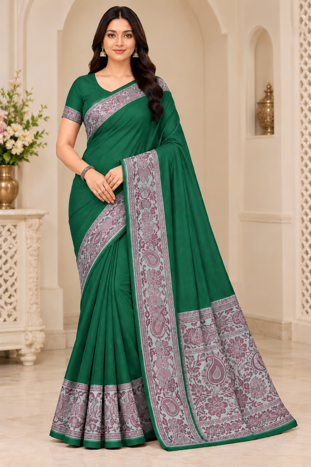 Cotton Green Traditional Jacquard Border Saree - 15 Pcs Set.