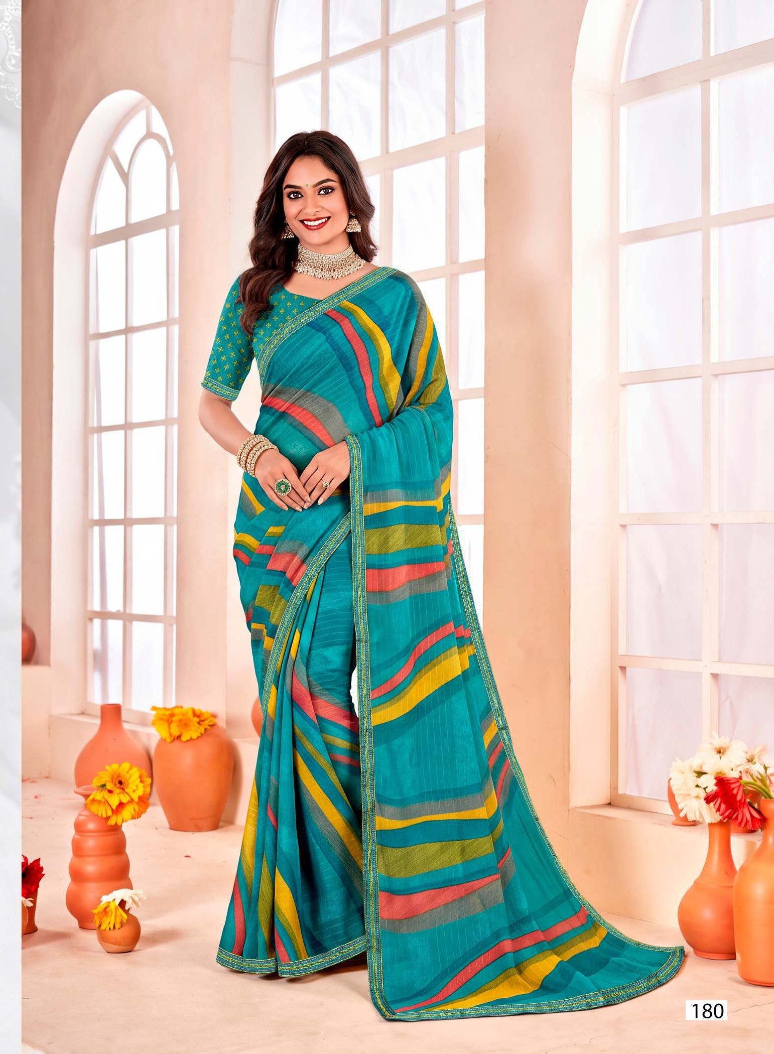 Ladorani Meera Multicolor Striped Saree with Designer Border - 8 Pcs Set
