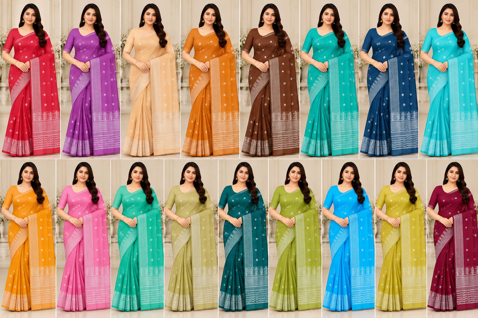 Cotton Pink Printed Saree with Designer Border -17 Pcs Set.