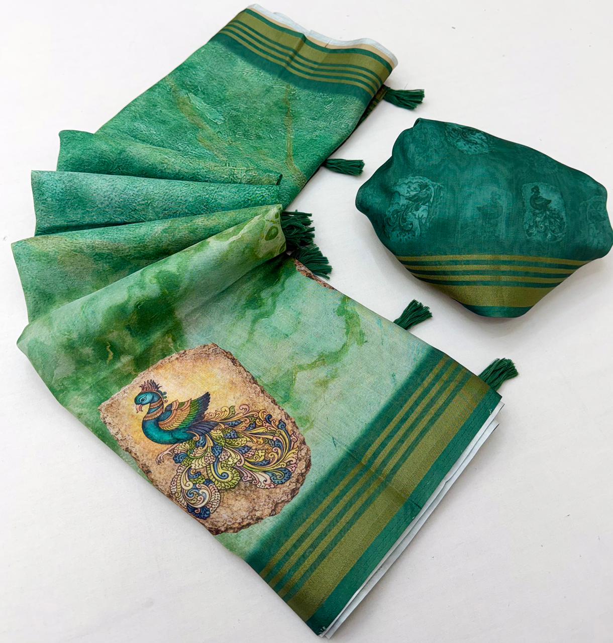 RajYog Kaira Handloom Cotton Silk Saree with Print & Tassels